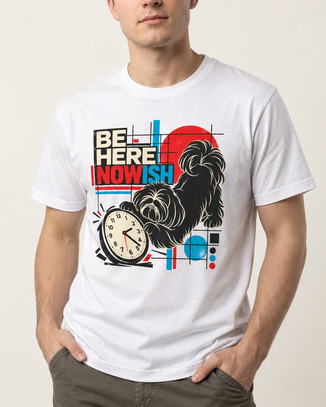 Be Here Nowish Shih Tzu T-Shirt in White, worn by a model, front view