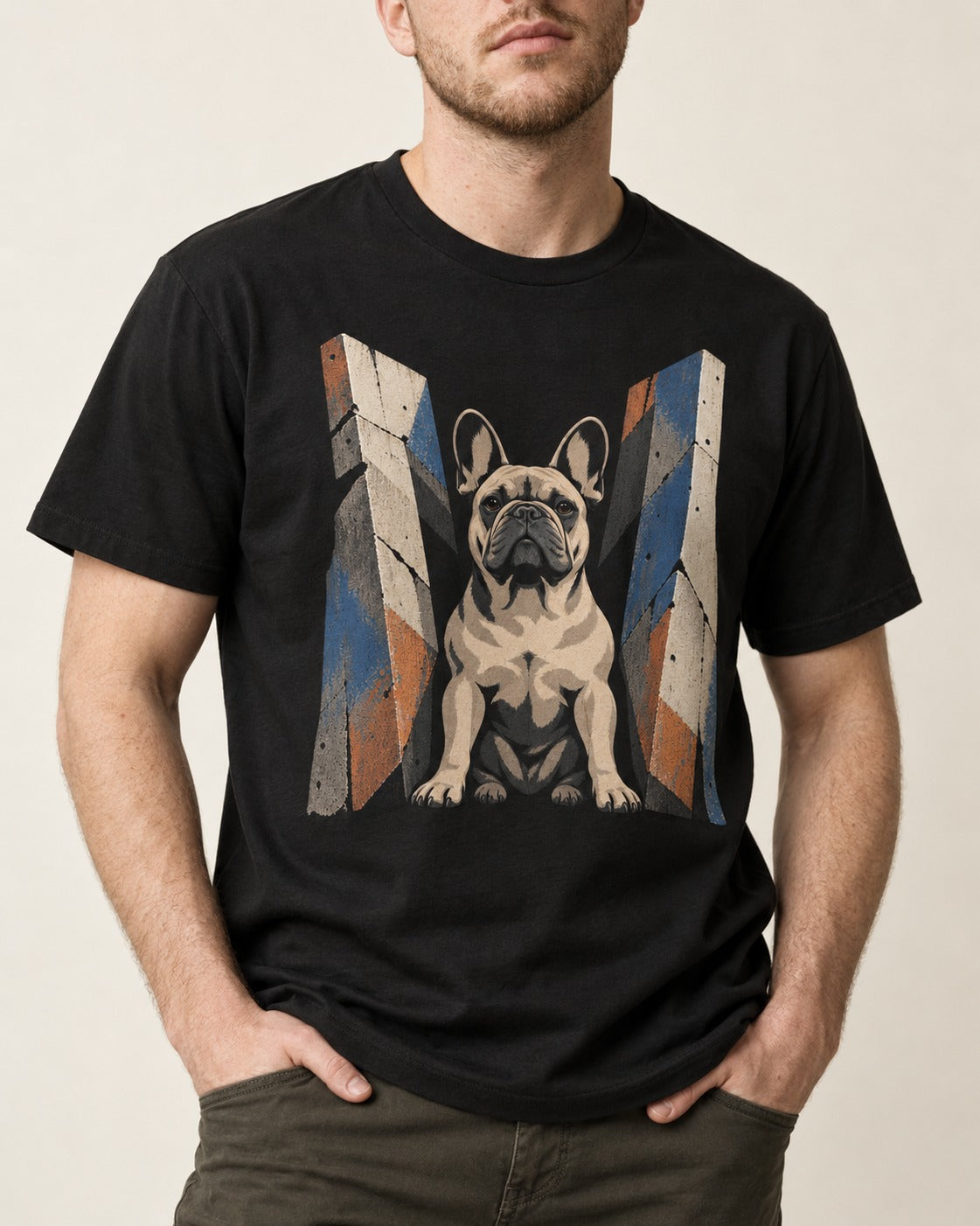 Frenchie Concrete Diplomat Barrier Portrait T-Shirt in Black, worn by a model, front view