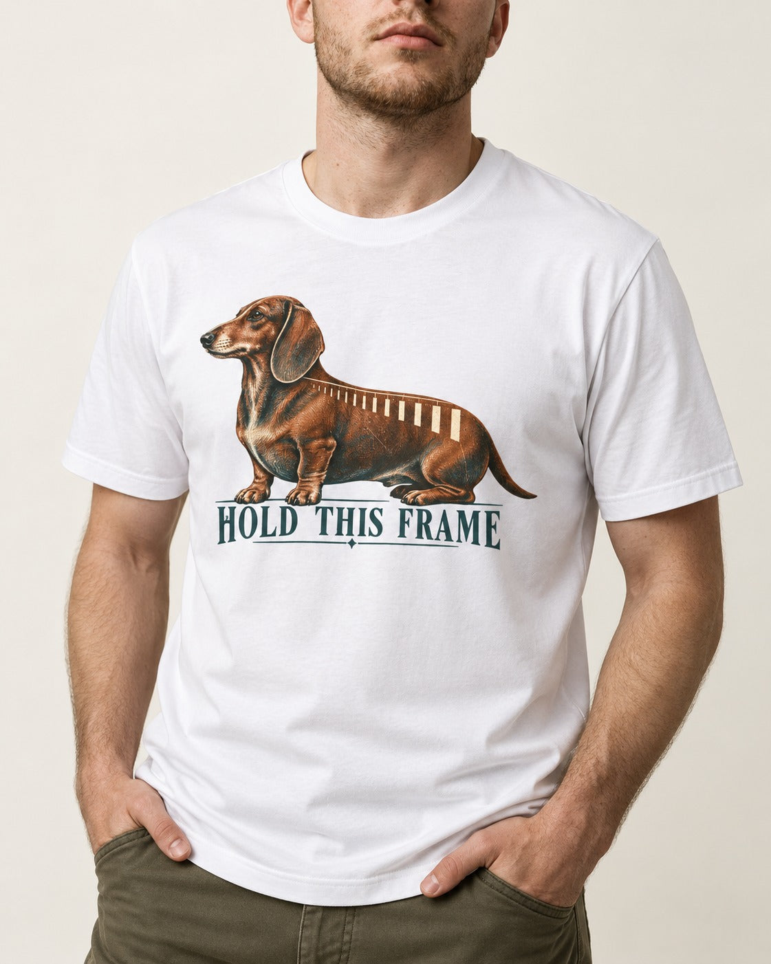 Dachshund Hold This Frame T-Shirt in White, worn by a model, front view