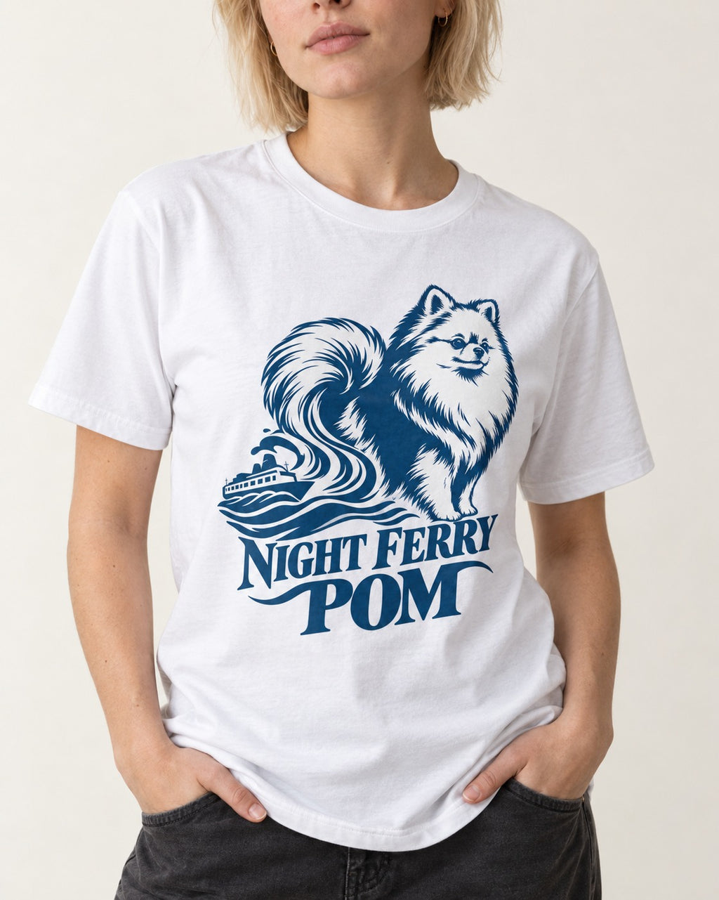 Night Ferry Pomeranian T-Shirt in White, worn by a model, front view