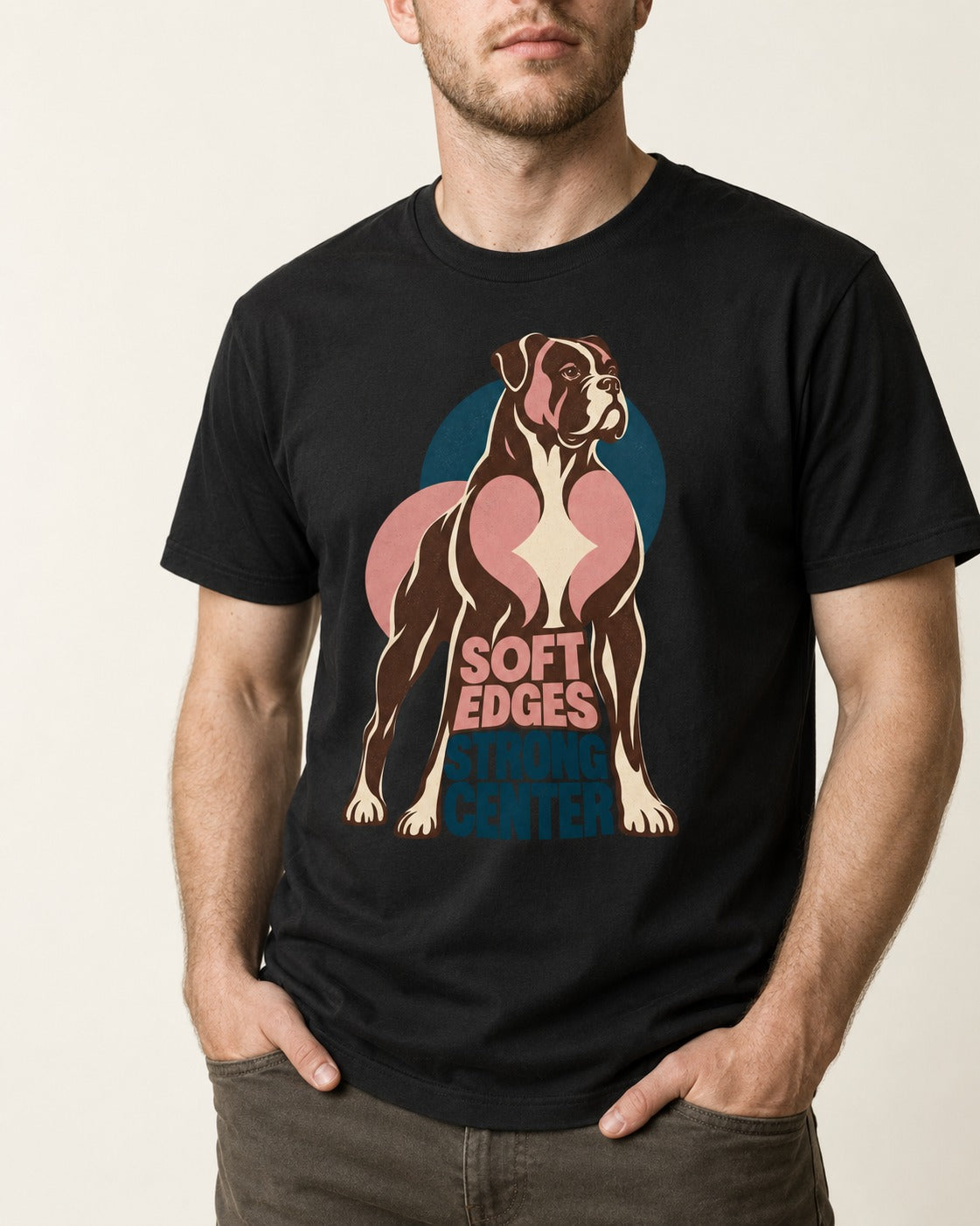 Boxer Soft Edges Strong Center T-Shirt in Black, worn by a model, front view