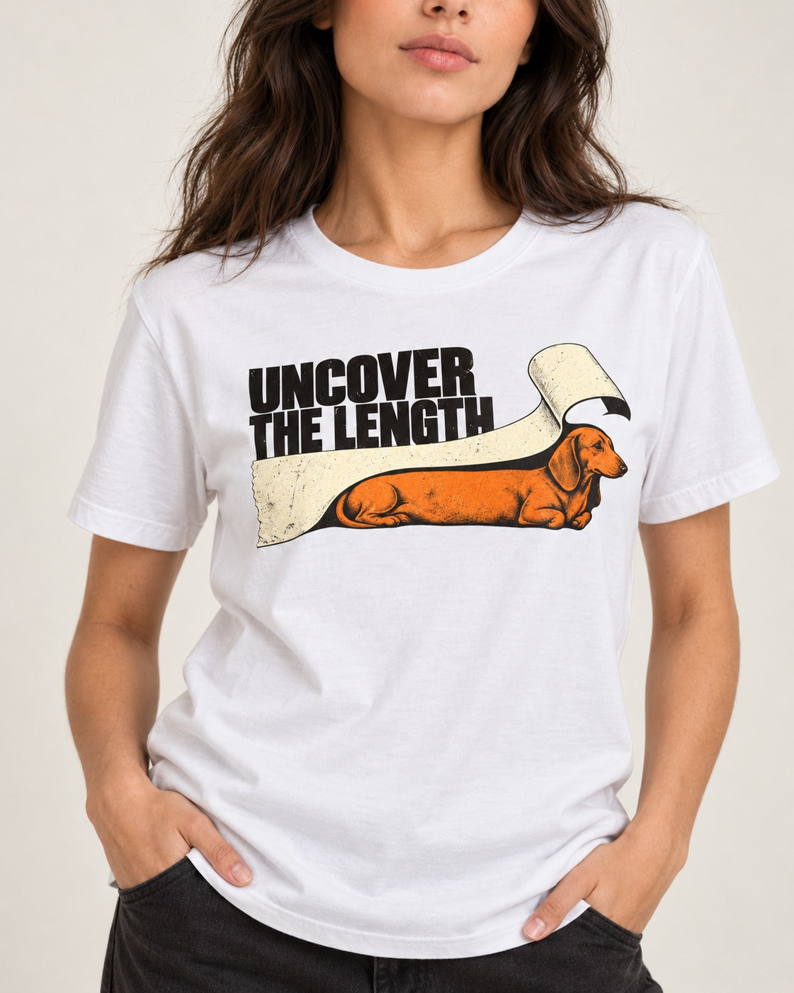 Uncover the Dachshund Length T-Shirt in White, worn by a model, front view