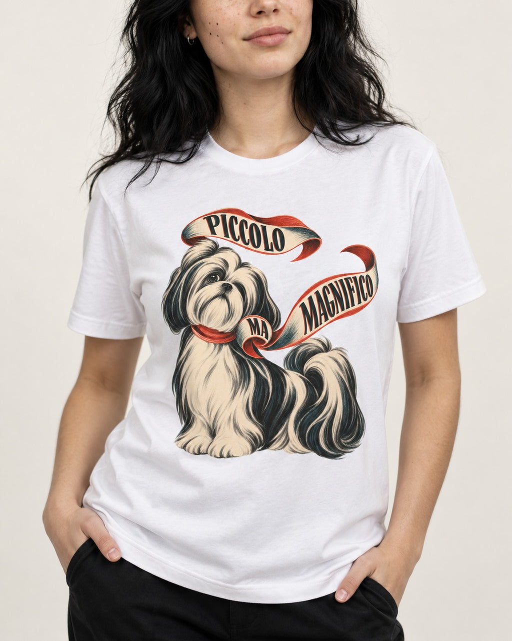 Piccolo Ma Magnifico Shih Tzu T-Shirt in White, worn by a model, front view