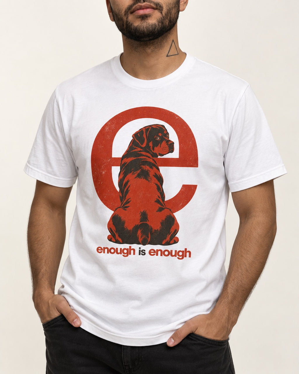 Rottweiler Enough Is Enough T-Shirt in White, worn by a model, front view