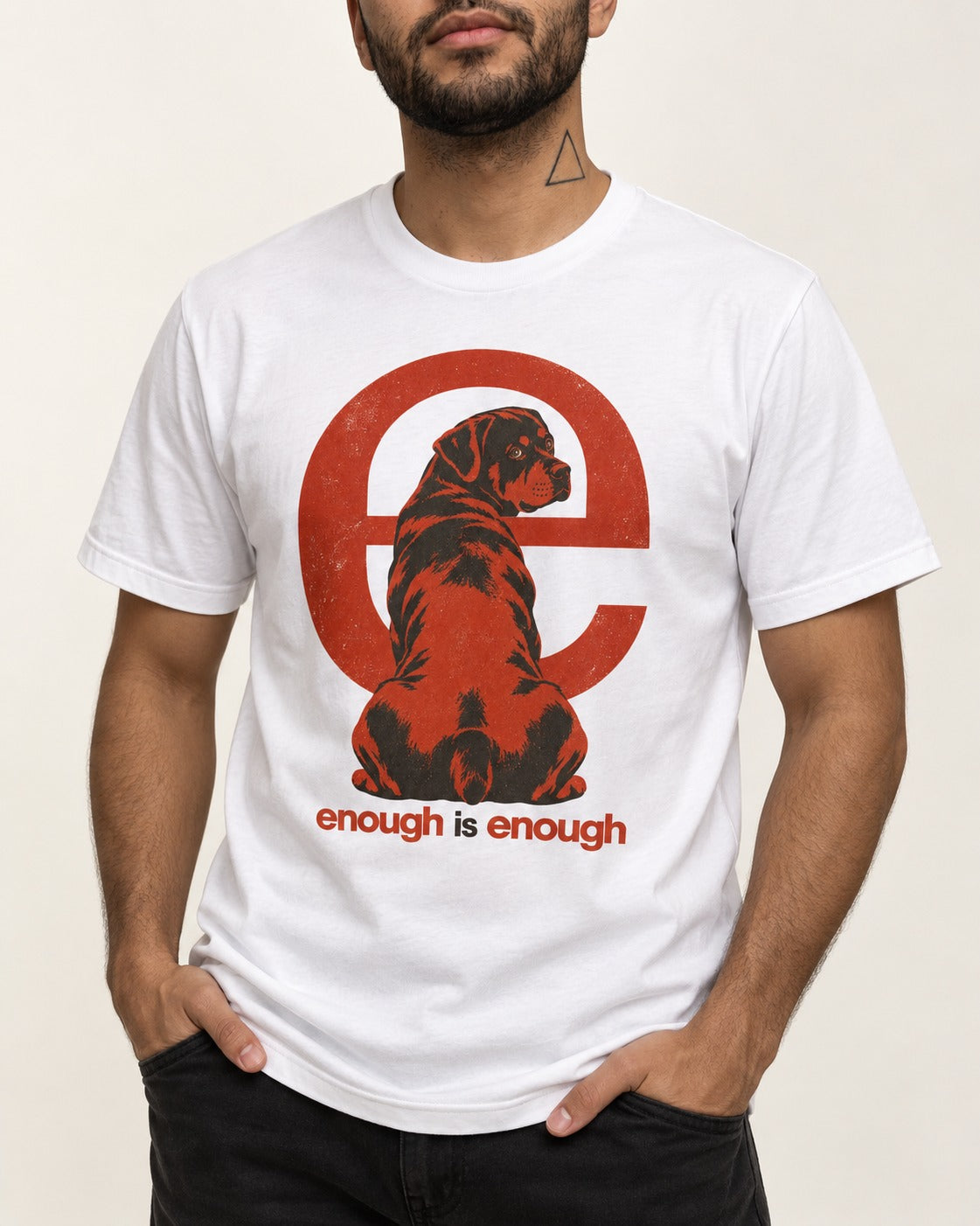 Rottweiler Enough Is Enough T-Shirt in White, worn by a model, front view