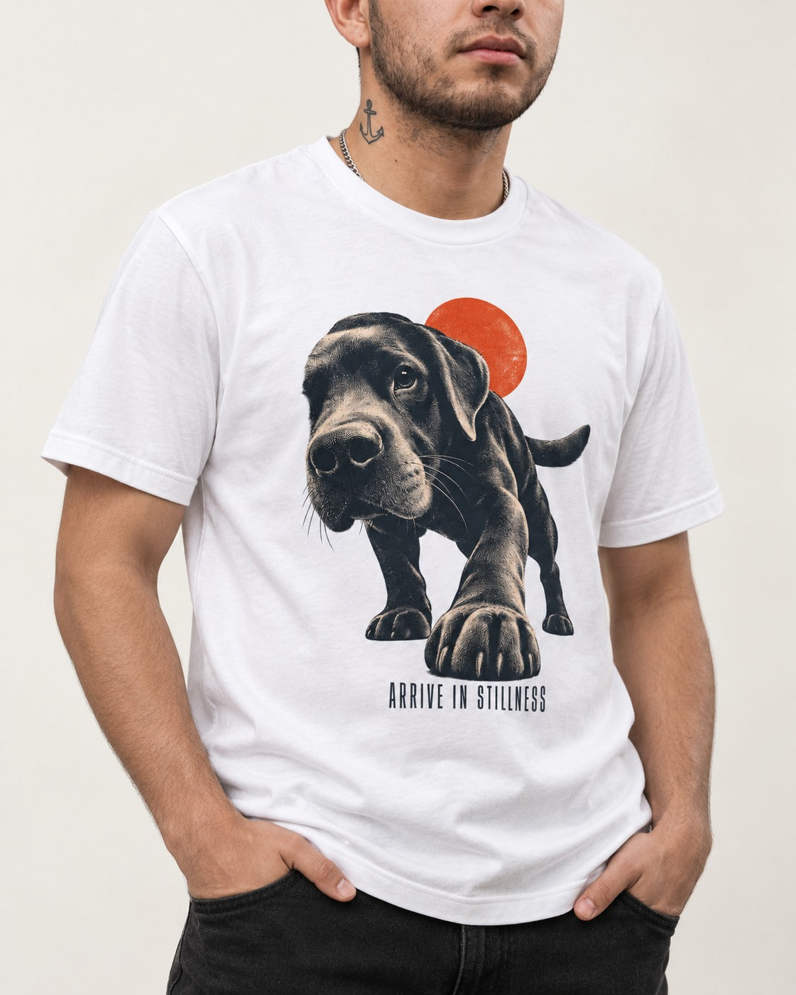 Labrador Retriever Arrive in Stillness T-Shirt in White, worn by a model, front view