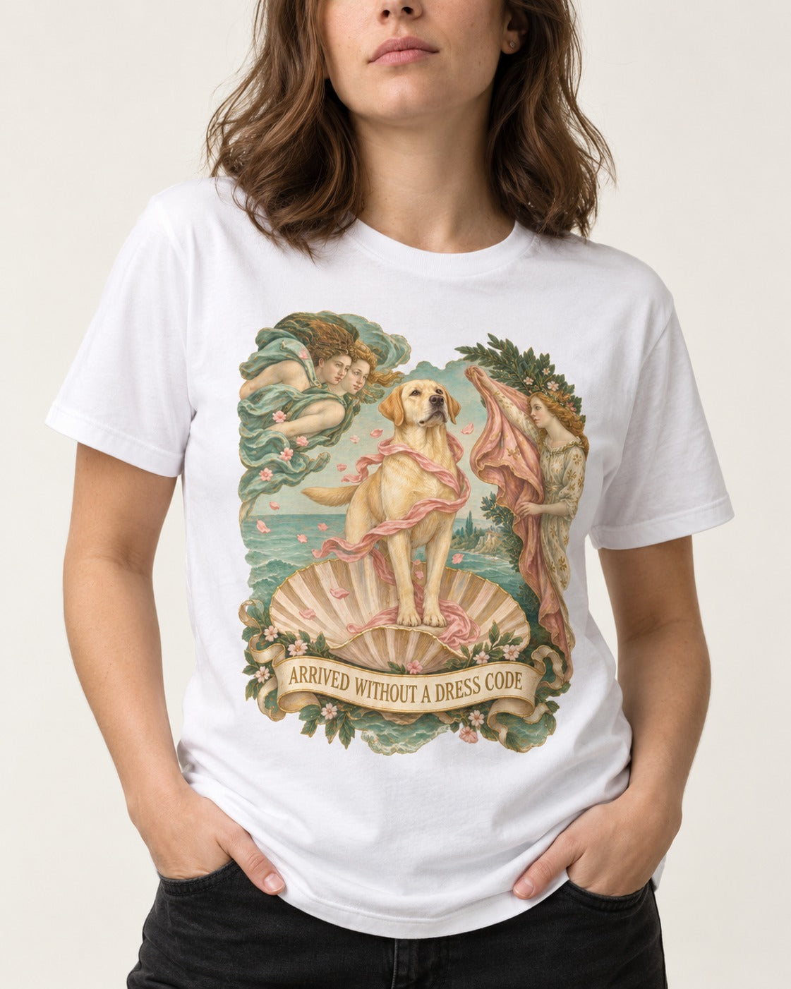 Labrador Retriever Without a Dress Code T-Shirt in White, worn by a model, front view