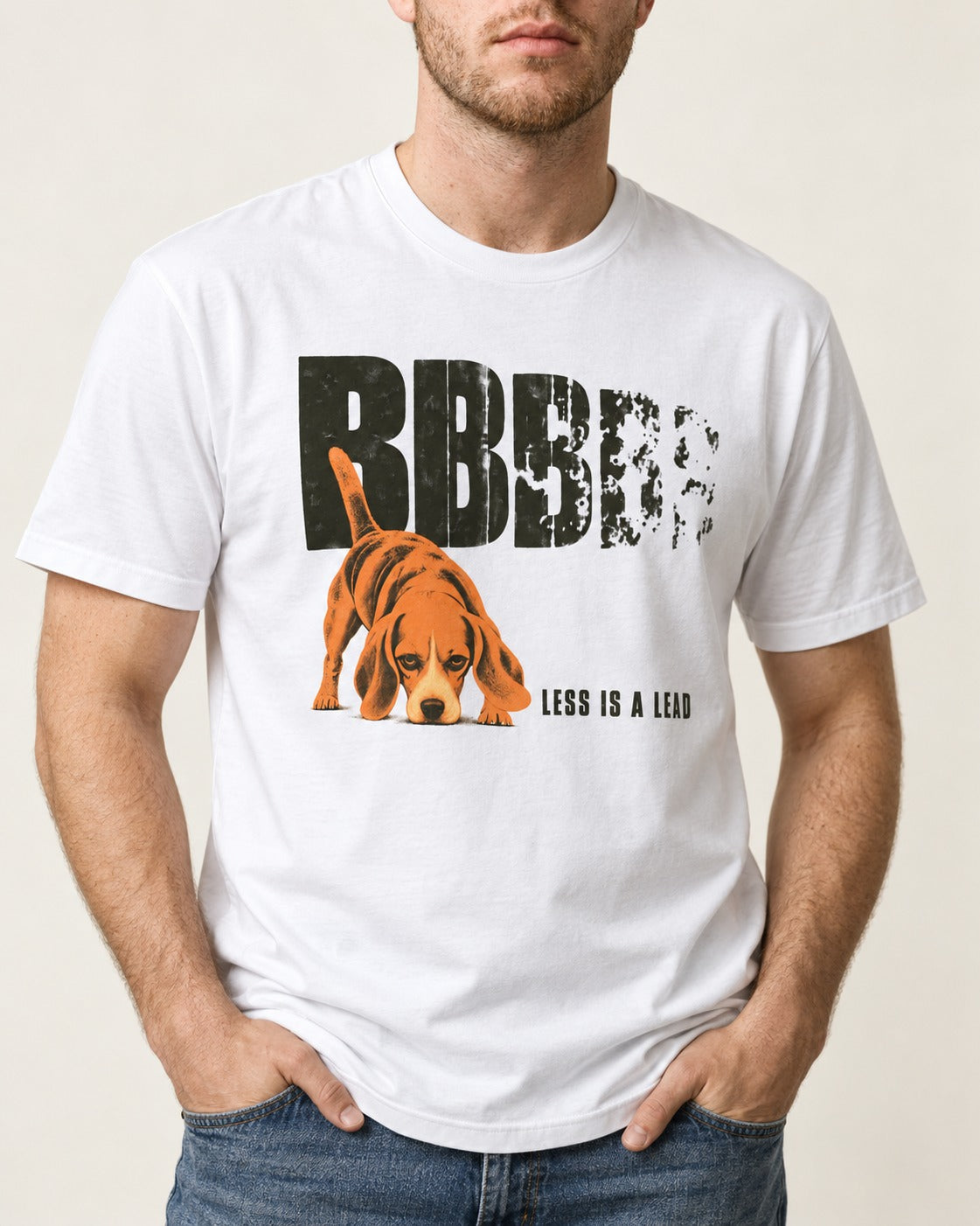 Less Is a Lead Beagle T-Shirt in White, worn by a model, front view