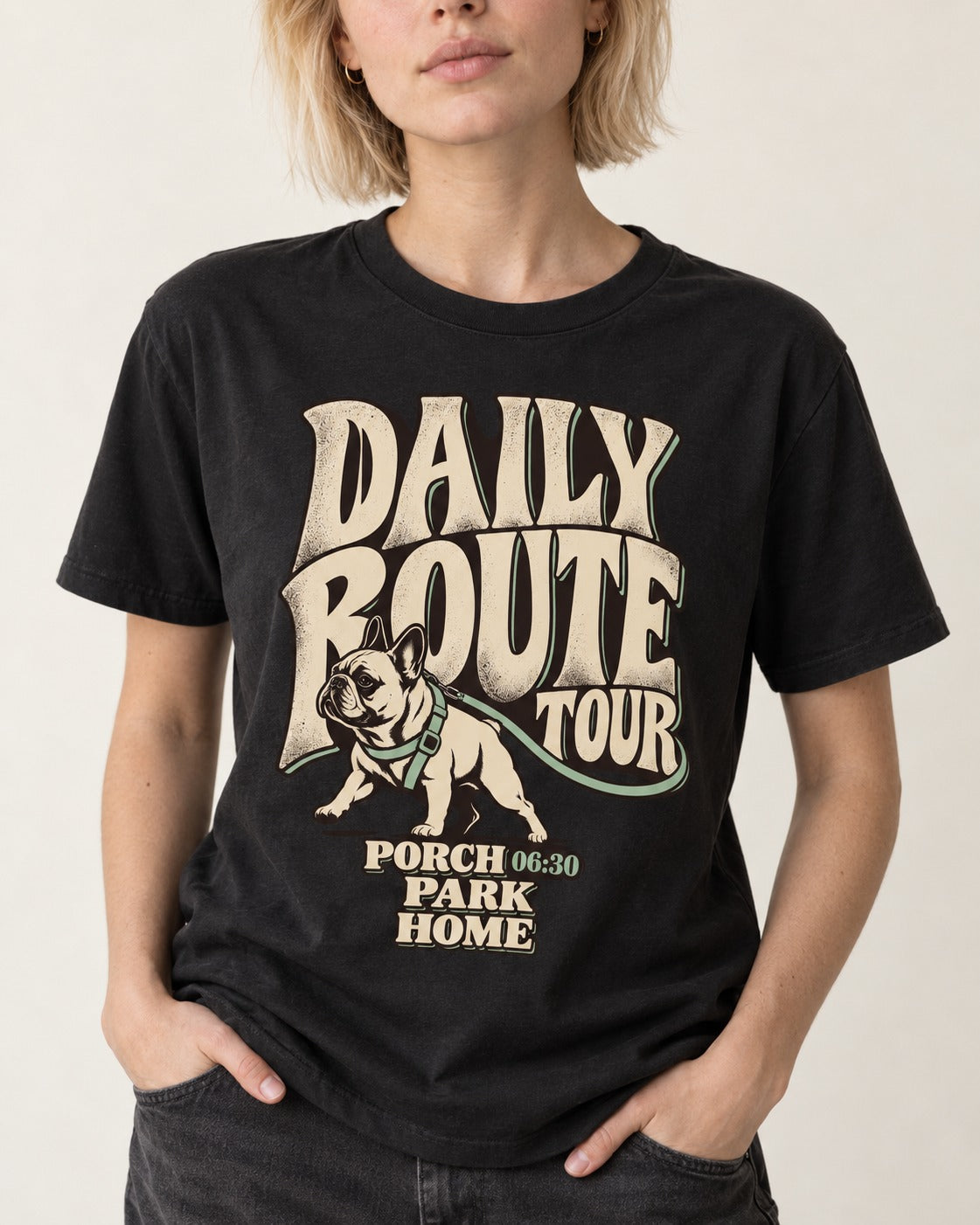 Frenchie Daily Route Tour Graphic T-Shirt in Black, worn by a model, front view