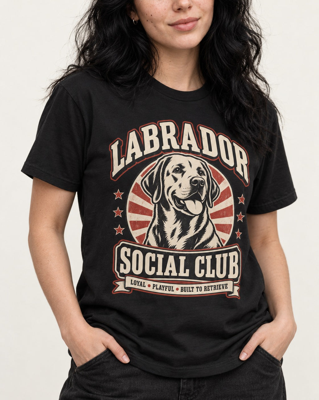 Labrador Retriever Social Club Loyal Playful Built to Retrieve Badge Graphic T-Shirt in Black, worn by a model, front view