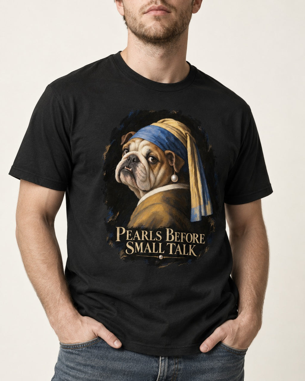 English Bulldog Pearls Before Small Talk Portrait T-Shirt in Black, worn by a model, front view