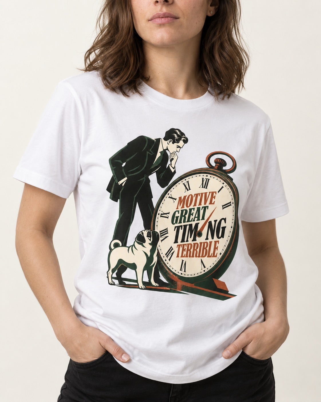 Pug Great Motive Terrible Timing T-Shirt in White, worn by a model, front view