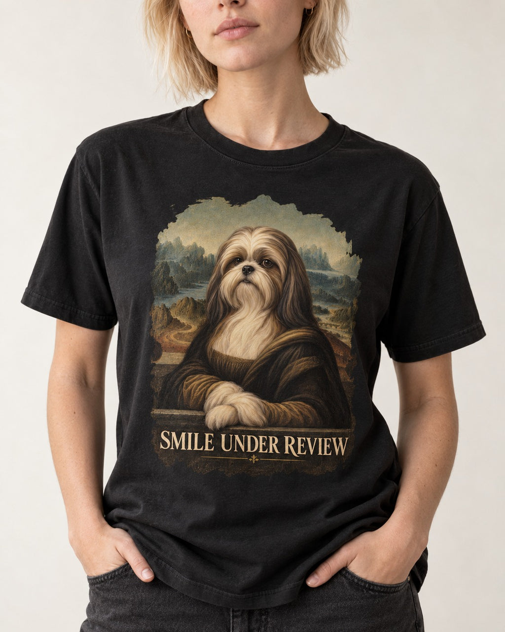 Shih Tzu Smile Under Review Old Master Portrait Graphic T-Shirt in Black, worn by a model, front view