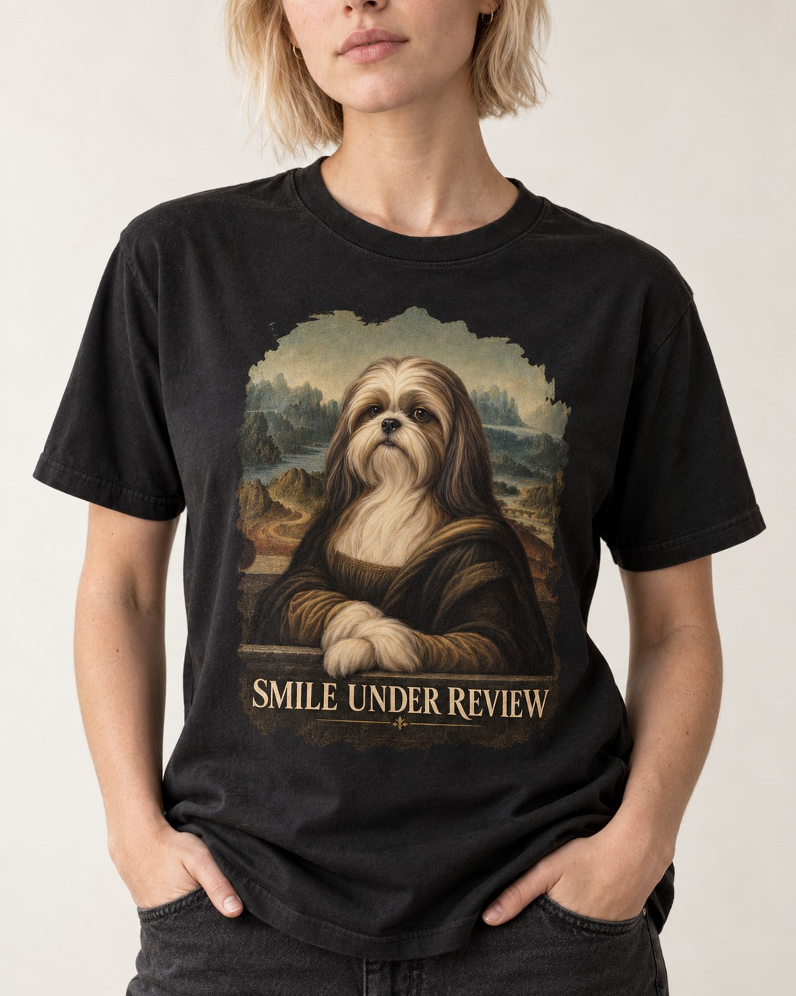 Shih Tzu Smile Under Review Old Master Portrait Graphic T-Shirt in Black, worn by a model, front view