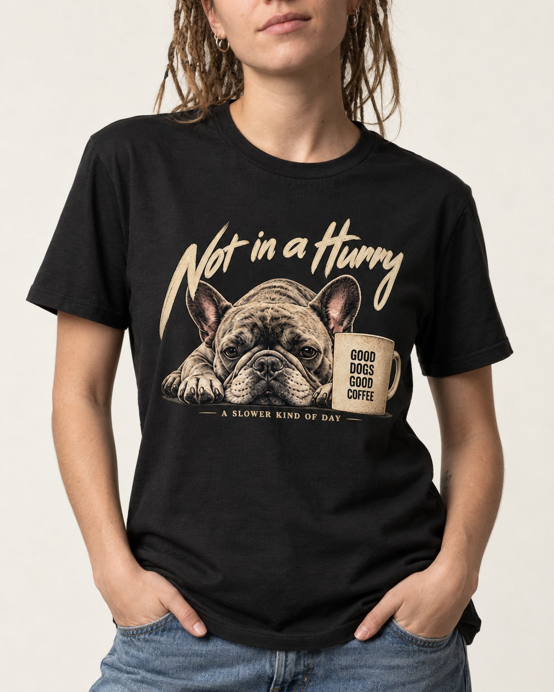 Frenchie Not in a Hurry Coffee Graphic T-Shirt in Black, worn by a model, front view