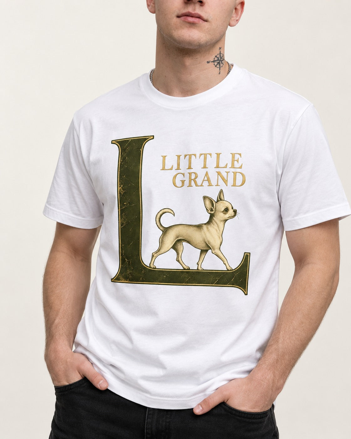 Little Grand Chihuahua T-Shirt in White, worn by a model, front view