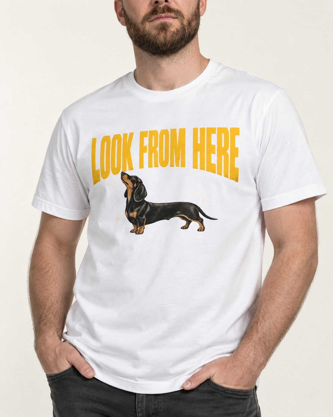 Dachshund Look From Here T-Shirt in White, worn by a model, front view