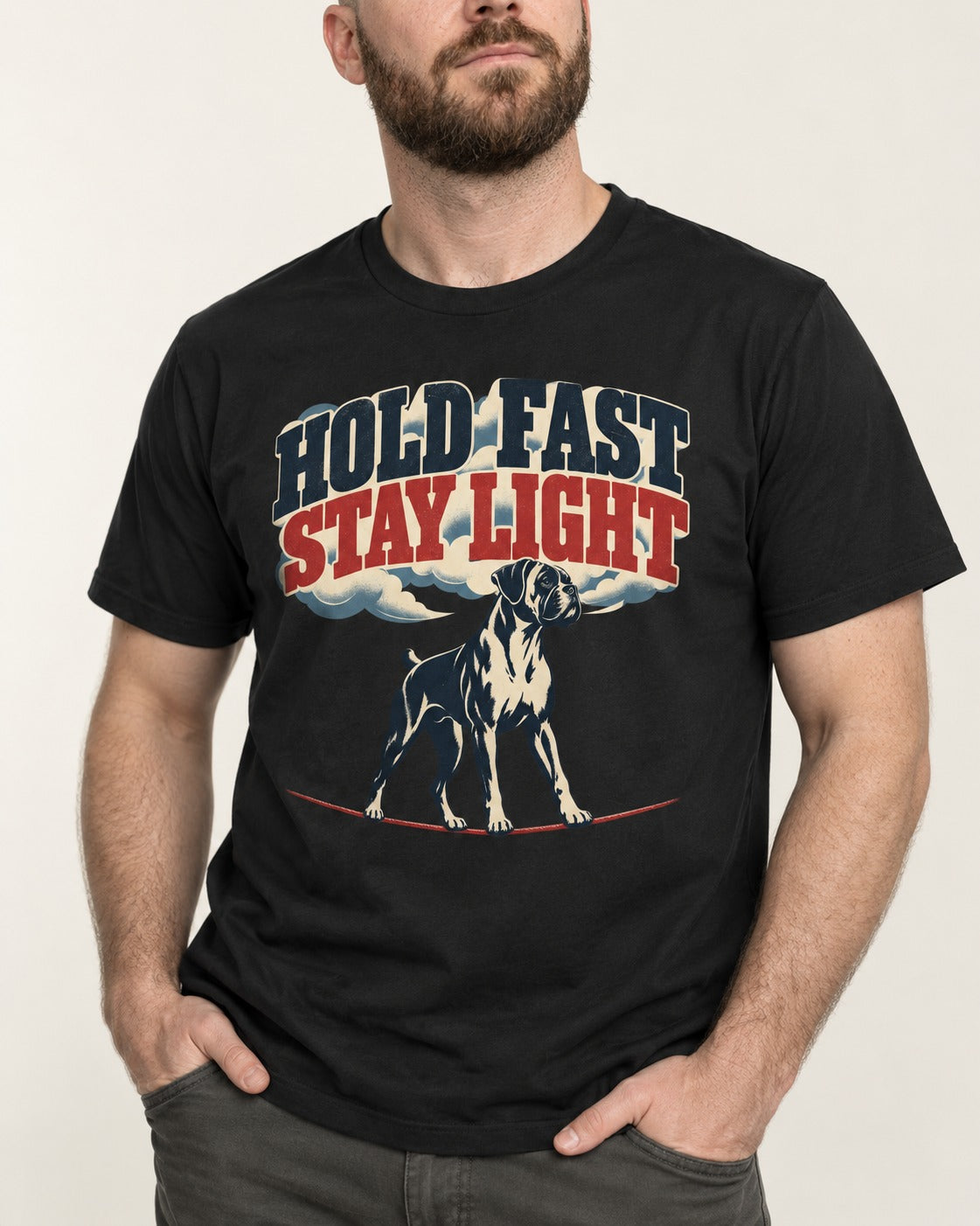 Hold Fast Stay Light Boxer Cloud Graphic T-Shirt in Black, worn by a model, front view