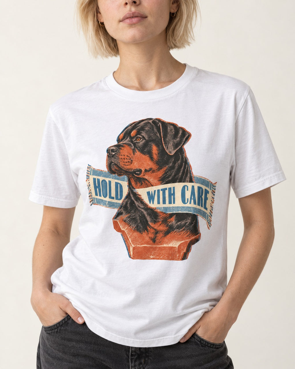 Rottweiler Hold with Care T-Shirt in White, worn by a model, front view