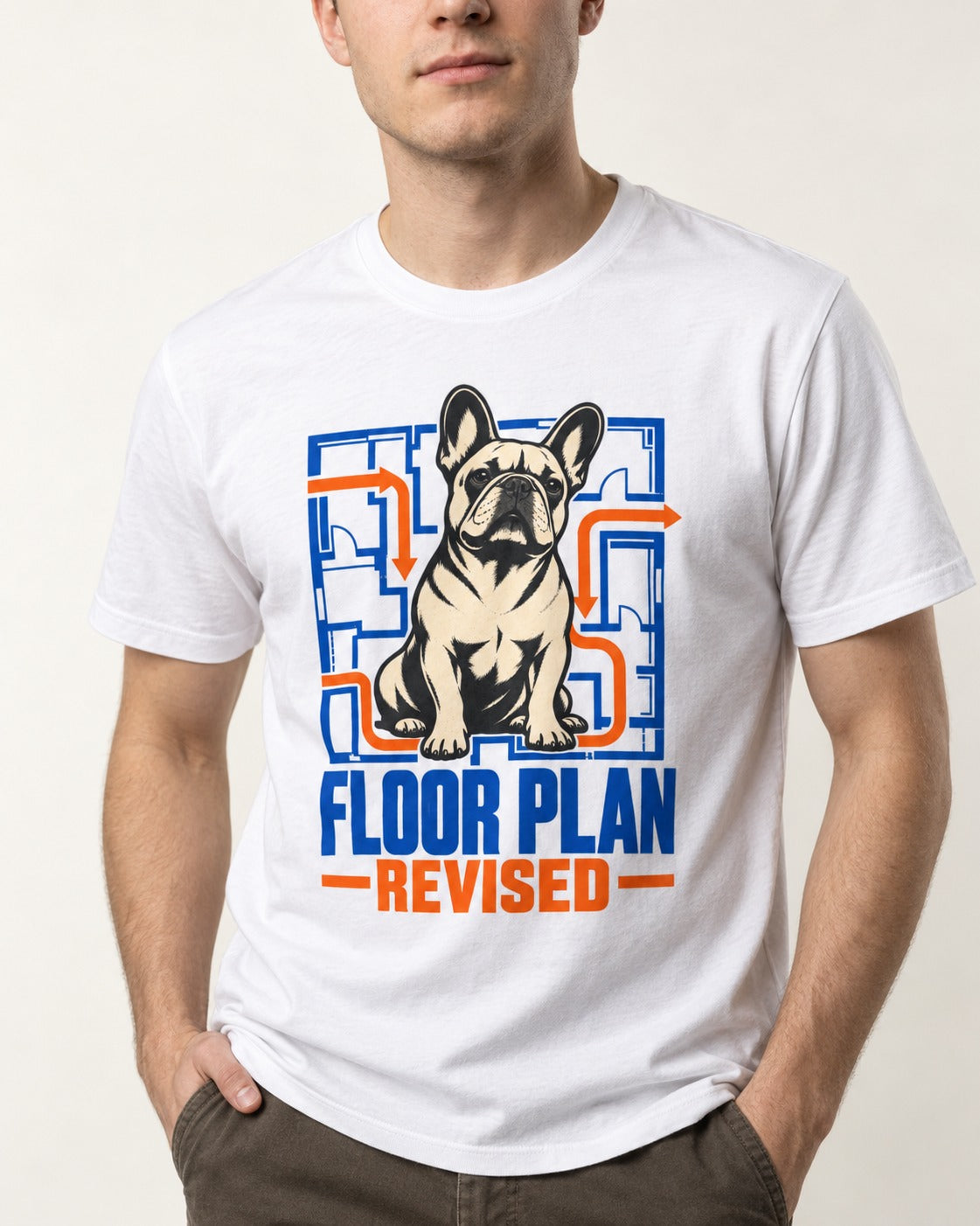 Frenchie Floor Plan Revised T-Shirt in White, worn by a model, front view