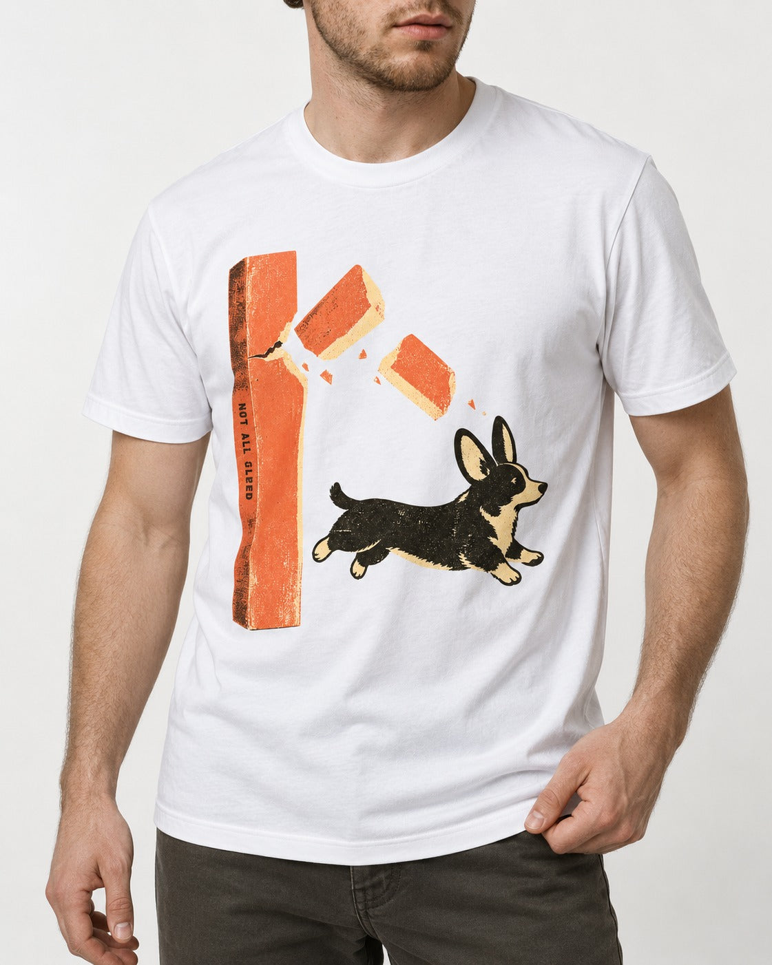 Not All Glued Corgi T-Shirt in White, worn by a model, front view