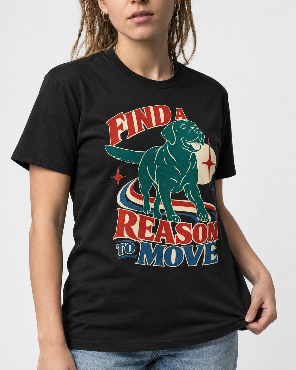Labrador Retriever Find a Reason to Move Retro Dog Graphic T-Shirt in Black, worn by a model, front view