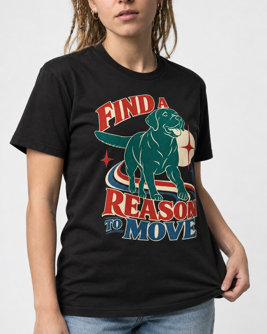 Labrador Retriever Find a Reason to Move Retro Dog Graphic T-Shirt in Black, worn by a model, front view