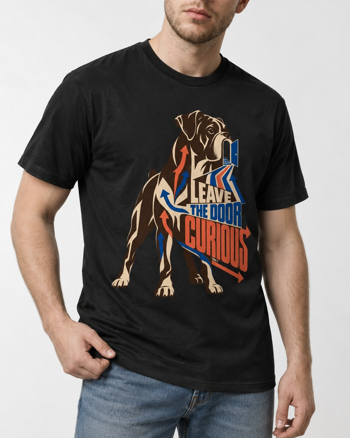 Leave the Door Curious Boxer Doorway Arrow Graphic T-Shirt in Black, worn by a model, front view