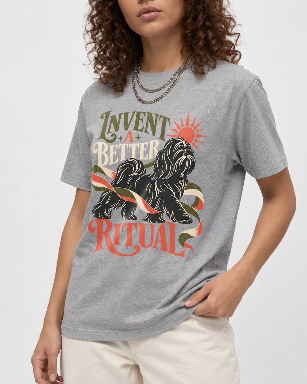 Shih Tzu Invent A Better Ritual Sunrise Ribbon Graphic T-Shirt in Sport Grey, worn by a model, front view
