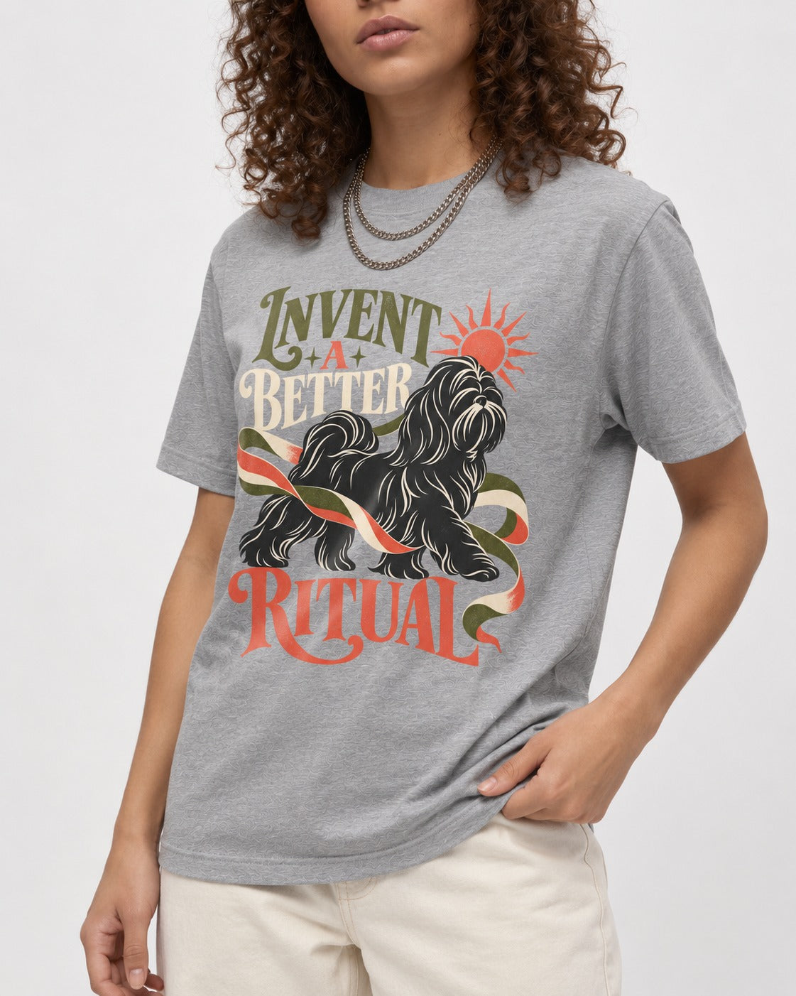 Shih Tzu Invent A Better Ritual Sunrise Ribbon Graphic T-Shirt in Sport Grey, worn by a model, front view