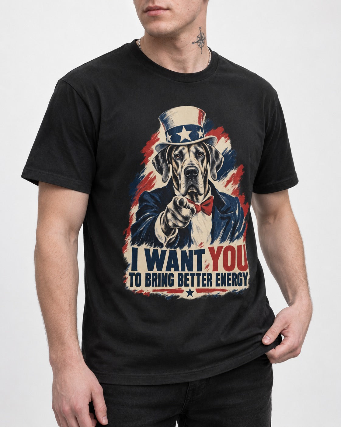 Great Dane I Want You to Bring Better Energy Uncle Sam Graphic T-Shirt in Black, worn by a model, front view