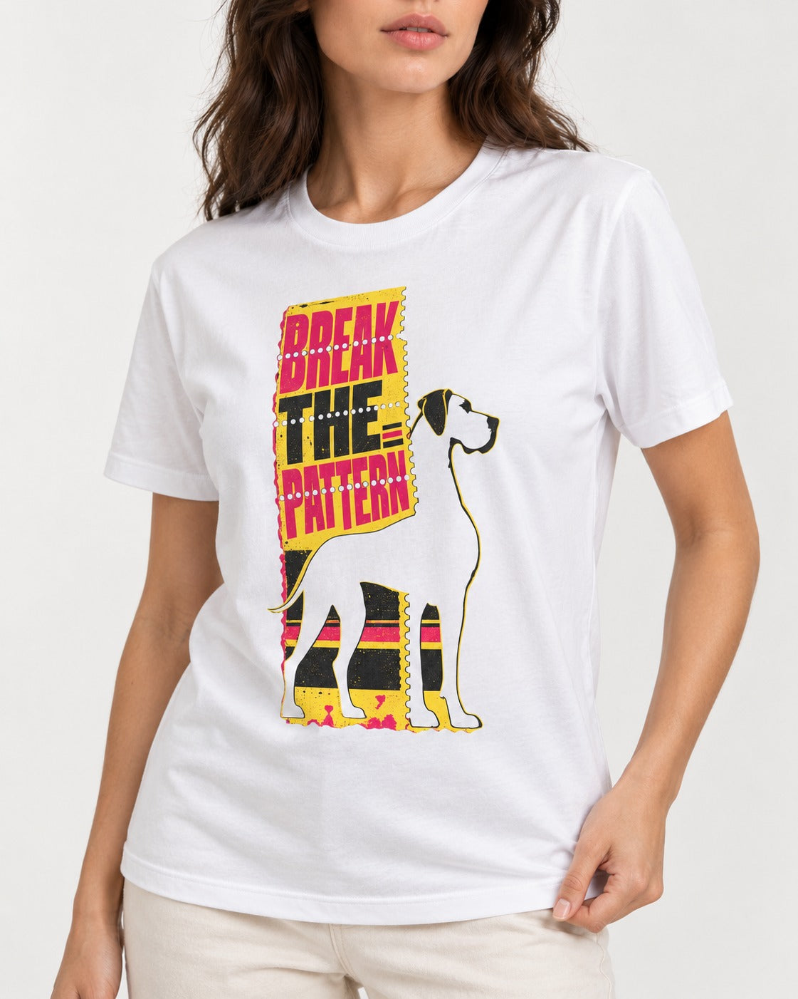 Great Dane Break the Pattern T-Shirt in White, worn by a model, front view