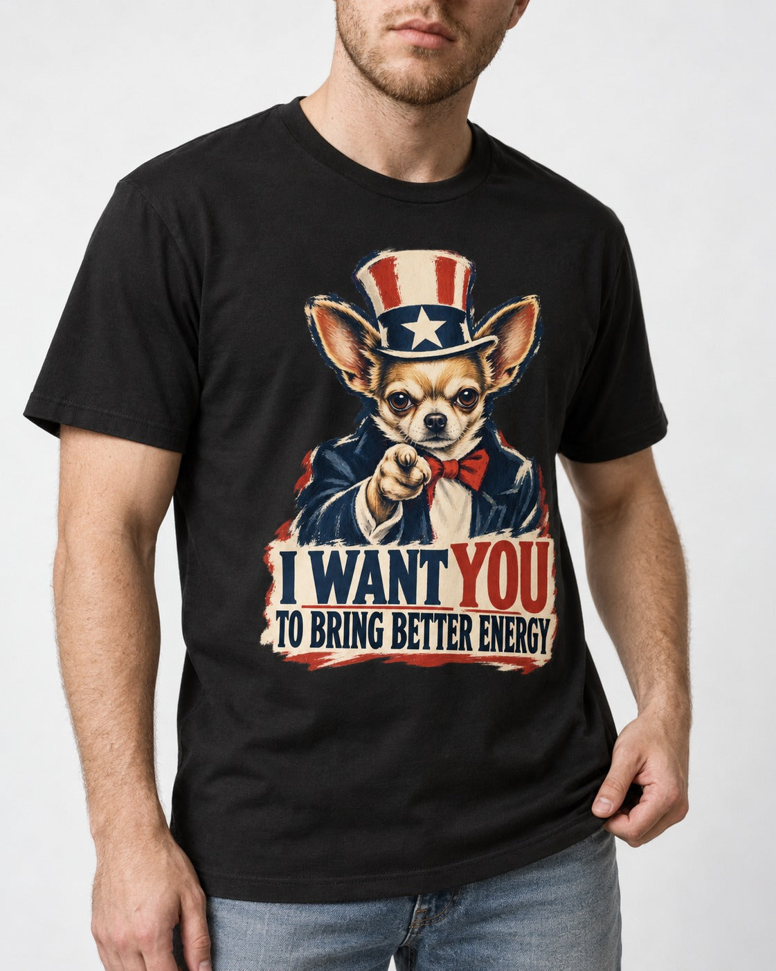Chihuahua I Want You to Bring Better Energy Uncle Sam Graphic T-Shirt in Black, worn by a model, front view