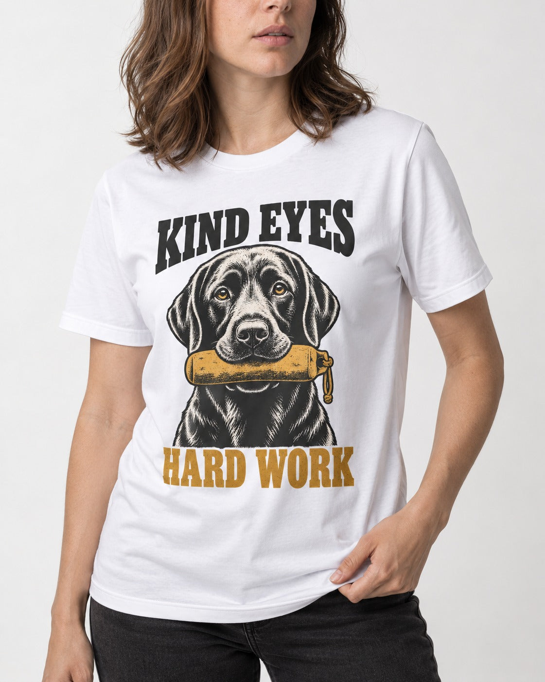 Kind Eyes Hard Work Labrador Retriever T-Shirt in White, worn by a model, front view