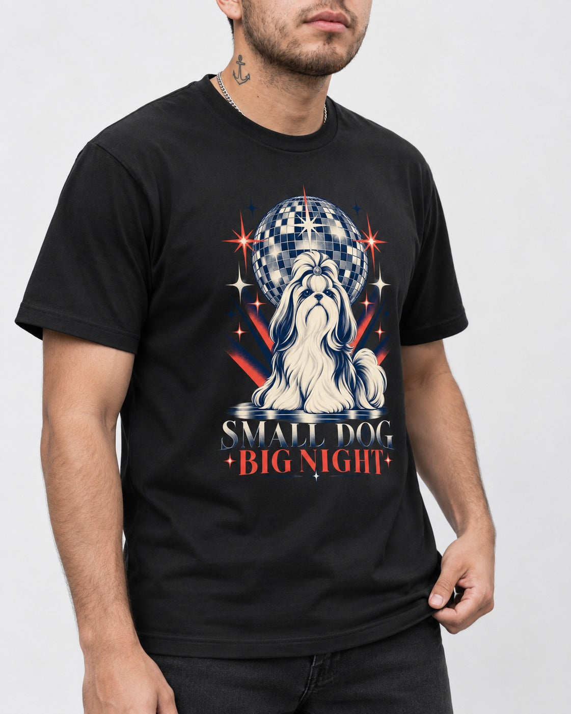 Shih Tzu Small Dog Big Night Disco Graphic T-Shirt in Black, worn by a model, front view