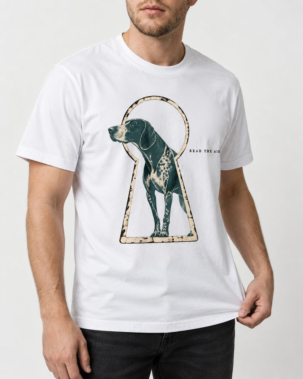 Read the Air German Shorthaired Pointer T-Shirt in White, worn by a model, front view