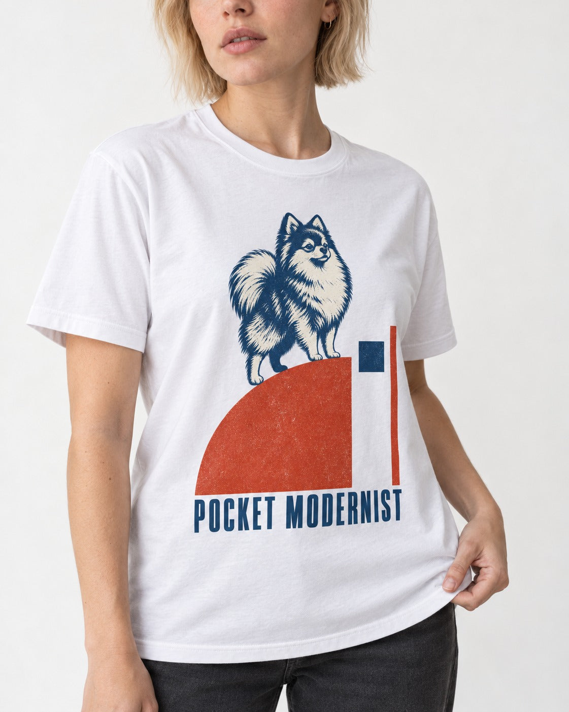 Pocket Modernist Pomeranian T-Shirt in White, worn by a model, front view