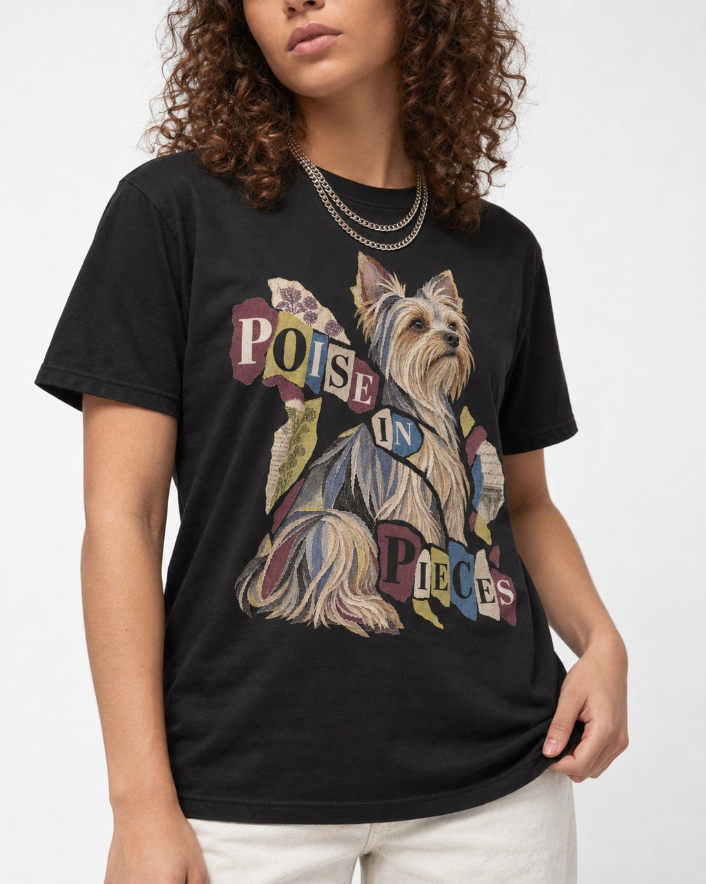 Yorkshire Terrier Poise in Pieces Torn Paper Collage Graphic T-Shirt in Black, worn by a model, front view