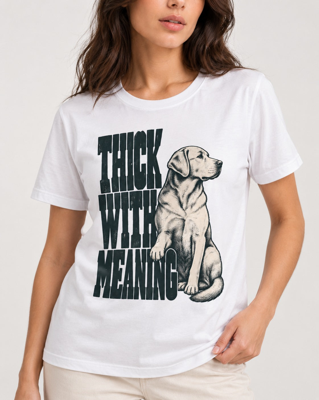Thick with Meaning Labrador Retriever T-Shirt in White, worn by a model, front view