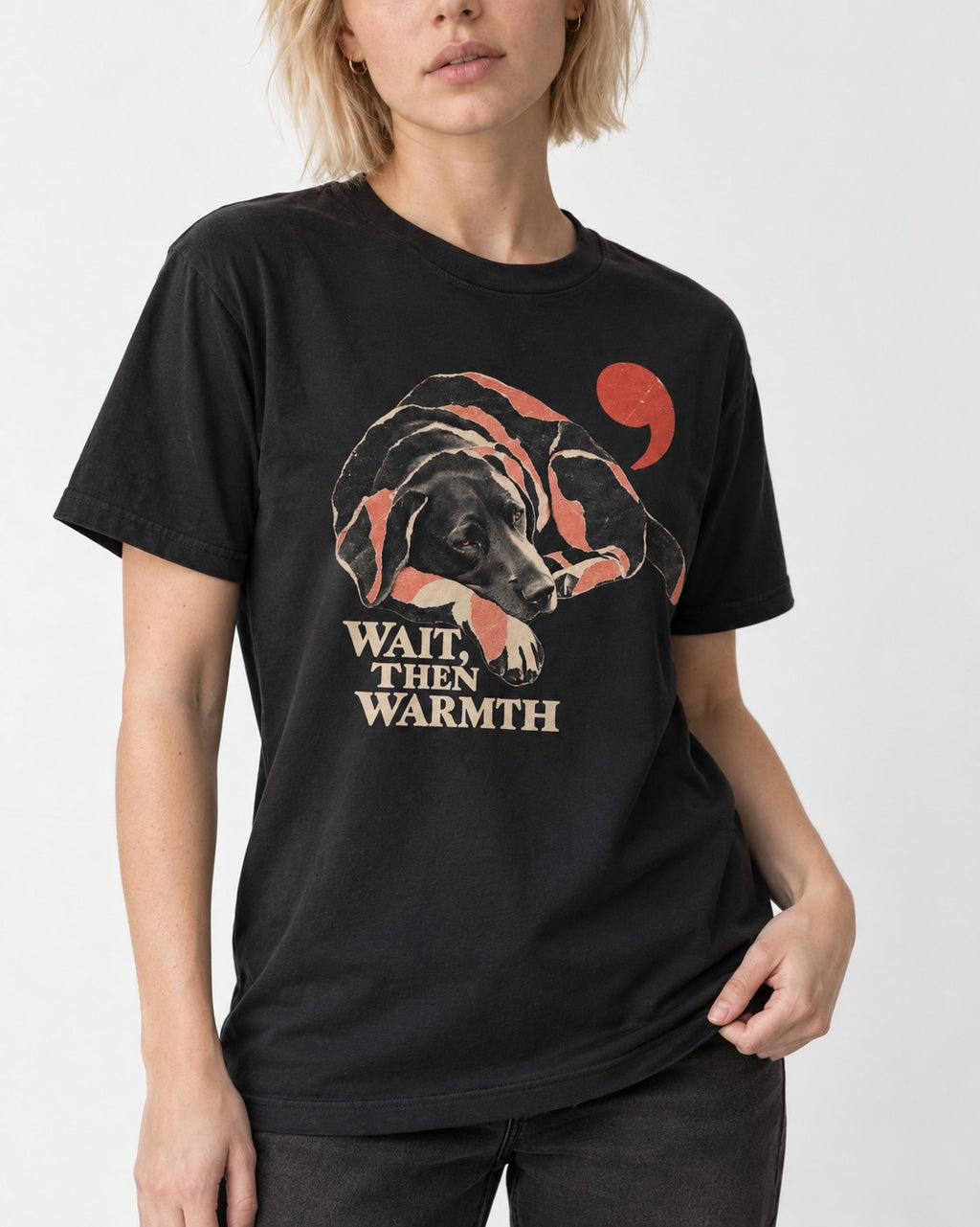 Labrador Retriever Wait Then Warmth Blanket Pause Graphic T-Shirt in Black, worn by a model, front view
