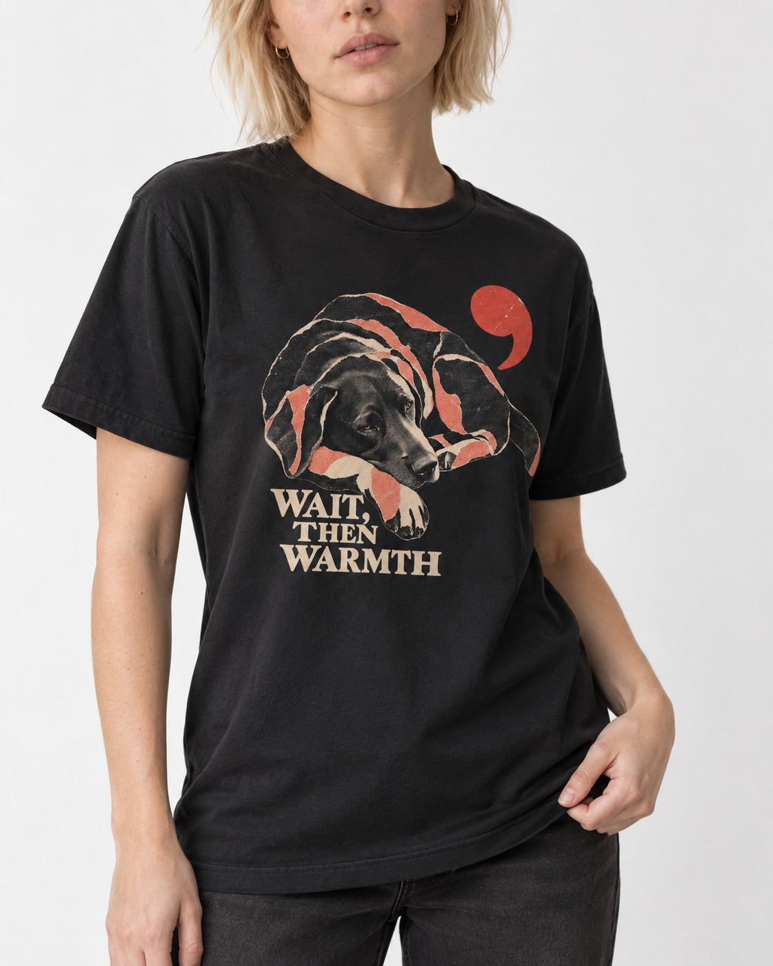 Labrador Retriever Wait Then Warmth Blanket Pause Graphic T-Shirt in Black, worn by a model, front view