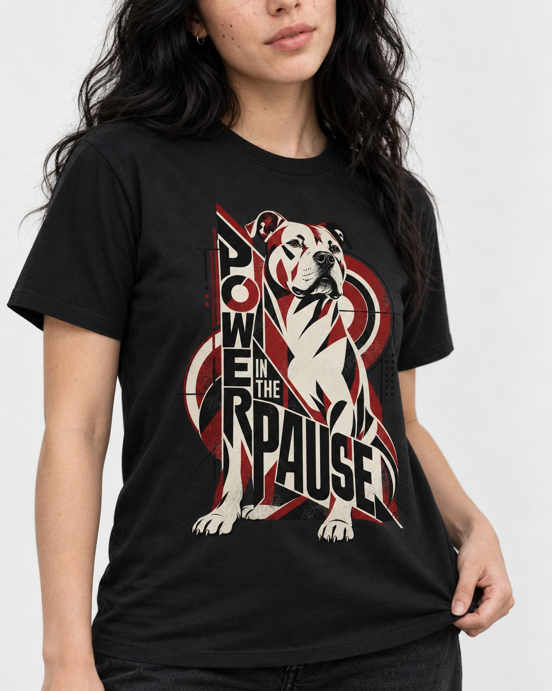 Pitbull Power in the Pause Geometric Graphic T-Shirt in Black, worn by a model, front view