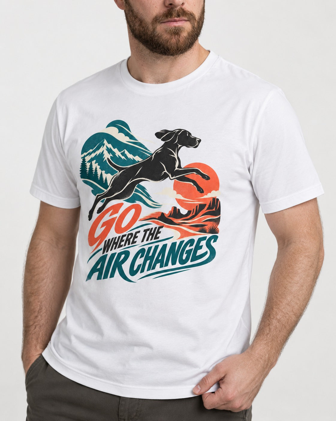 German Shorthaired Pointer Where the Air Changes T-Shirt in White, worn by a model, front view