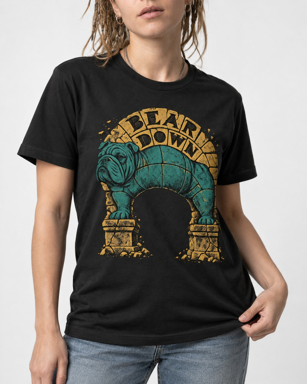 English Bulldog Bear Down Stone Arch Graphic T-Shirt in Black, worn by a model, front view