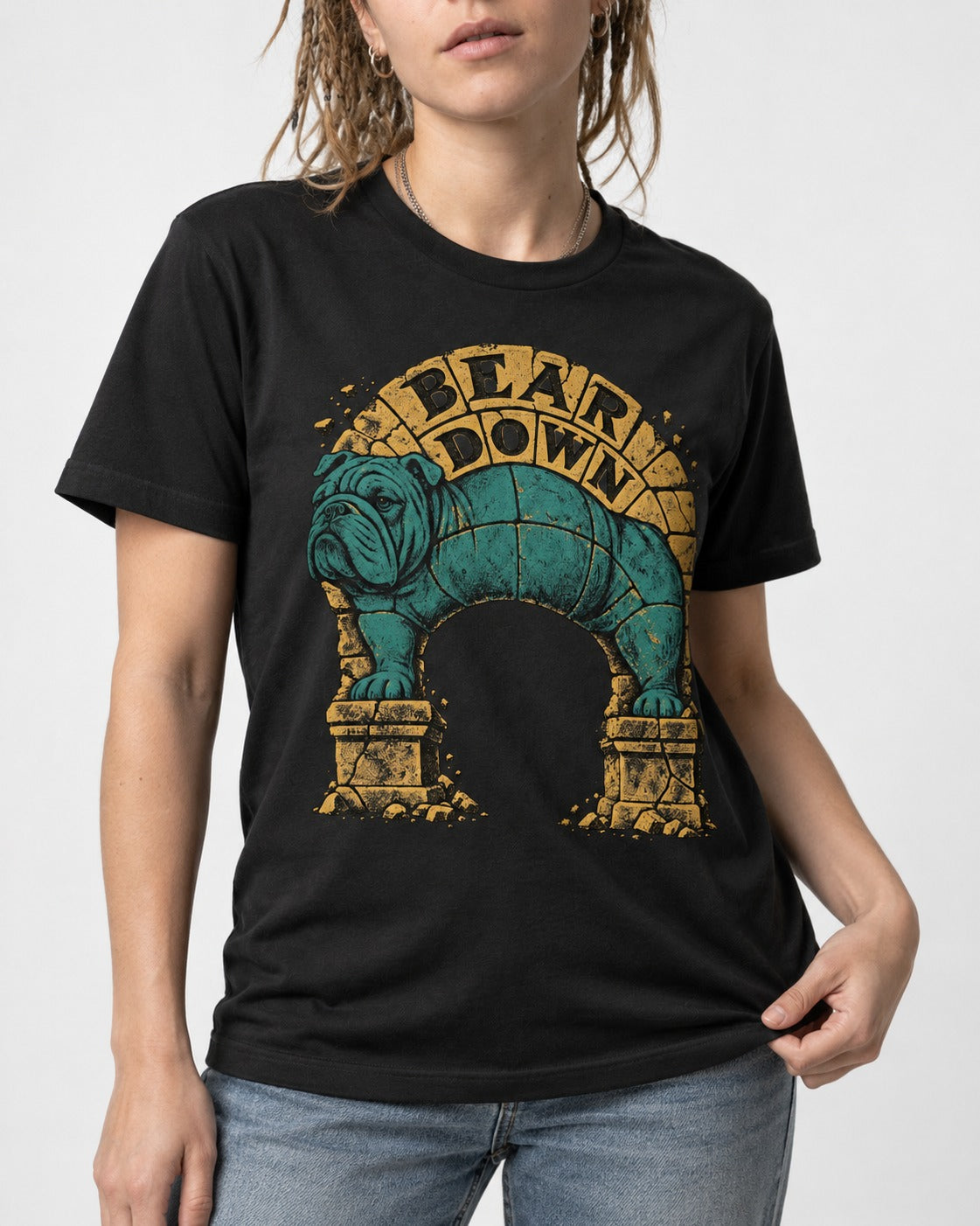 English Bulldog Bear Down Stone Arch Graphic T-Shirt in Black, worn by a model, front view