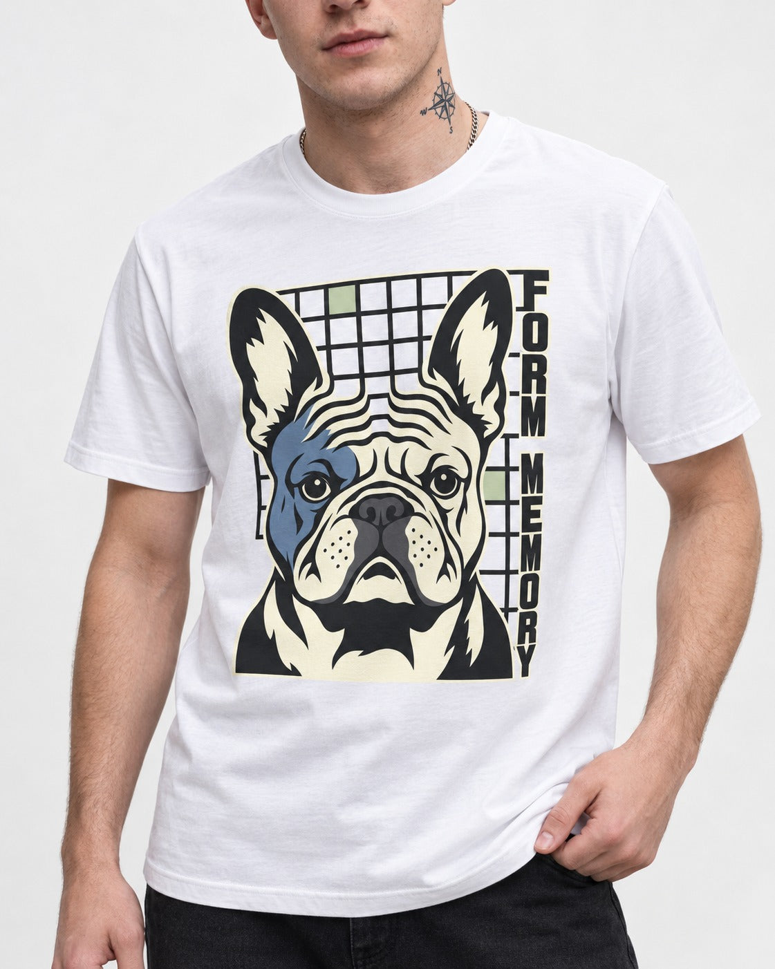 Form Memory Frenchie T-Shirt in White, worn by a model, front view