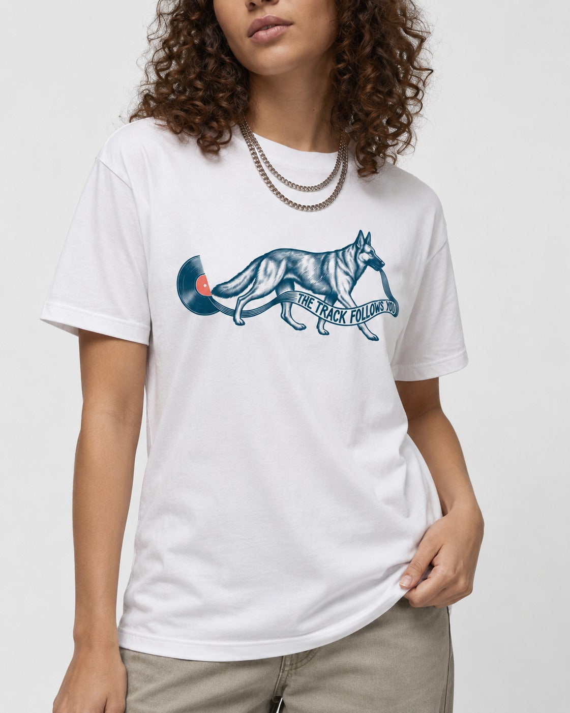German Shepherd Dog The Track Follows You T-Shirt in White, worn by a model, front view