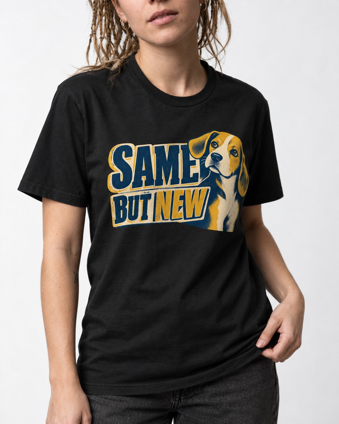 Same Beagle But New T-Shirt in Black, worn by a model, front view