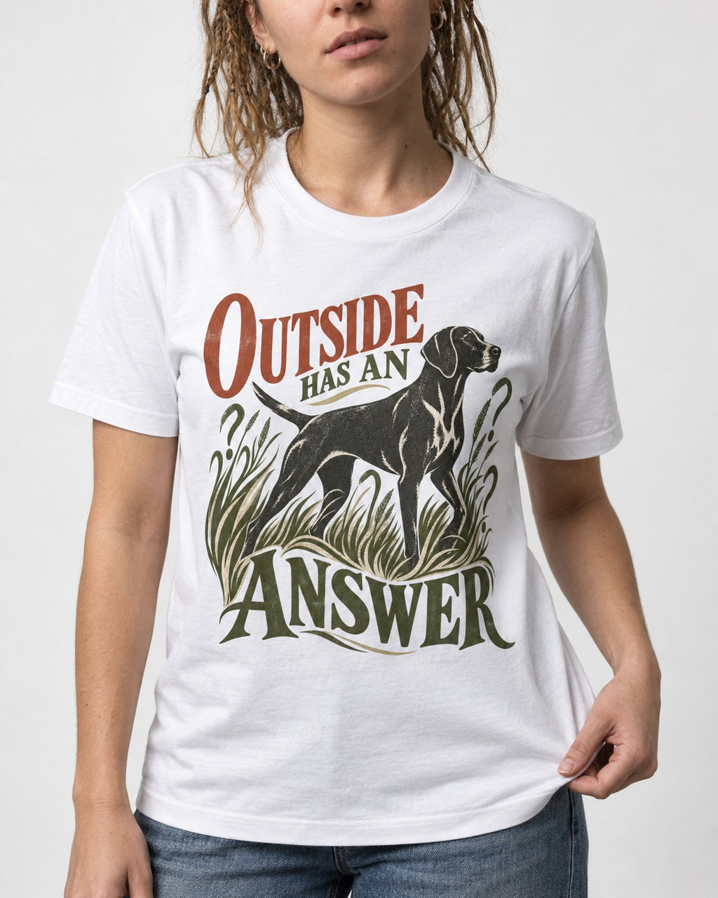 Outside Has an Answer German Shorthaired Pointer T-Shirt in White, worn by a model, front view