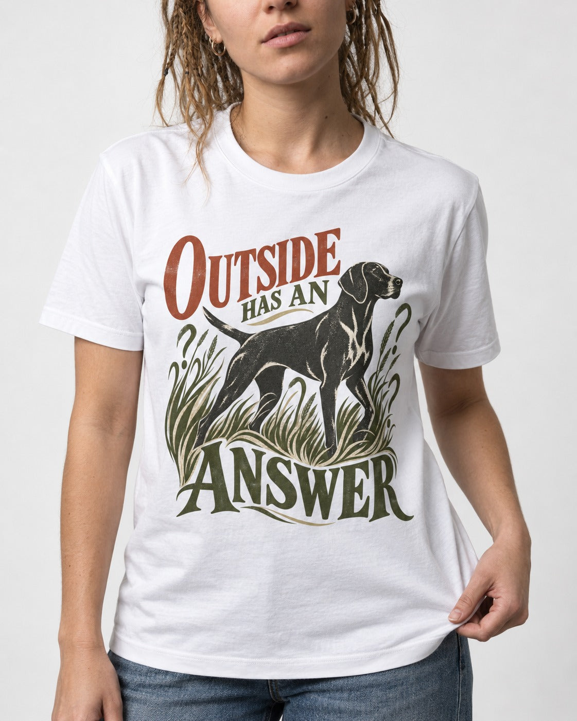 Outside Has an Answer German Shorthaired Pointer T-Shirt in White, worn by a model, front view